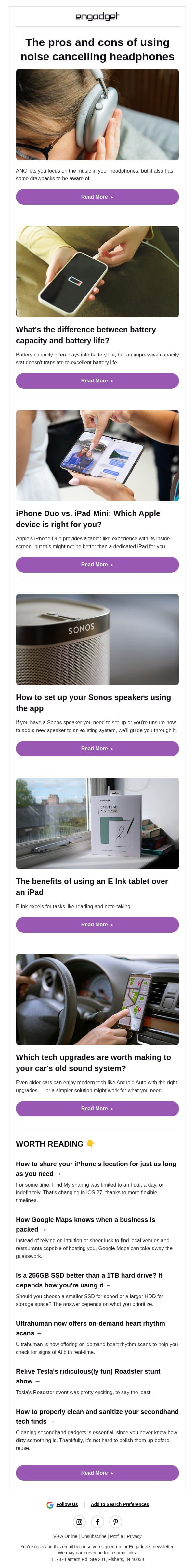 🎧 The problems with noise cancelling headphones (and the benefits) email from Engadget screenshot