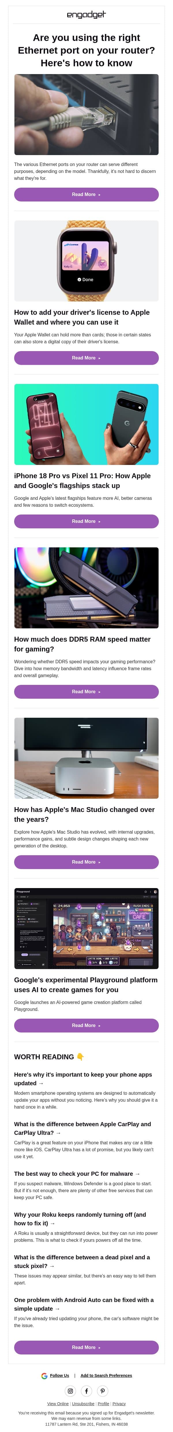 ⚠️ Are you using the right Ethernet port on your router? email from Engadget screenshot