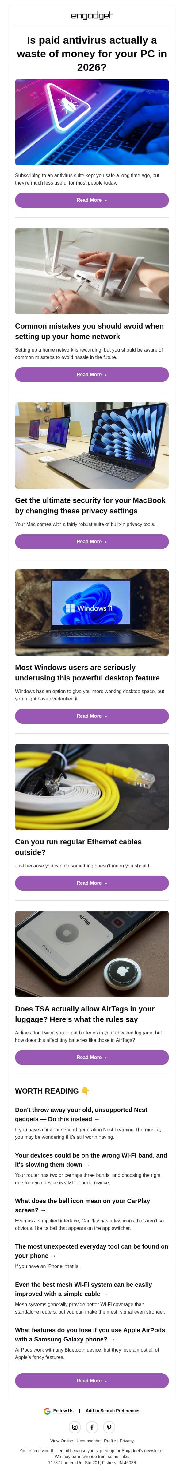 ⚠️ Is paid antivirus actually a waste of money? | Common home network mistakes email from Engadget screenshot