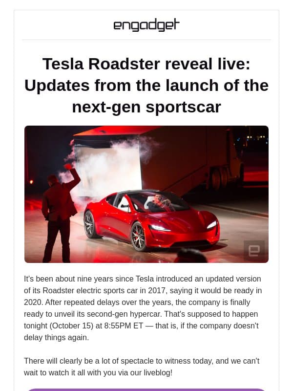 📣 Tesla Roadster reveal LIVE: Updates from the launch of the next-gen sportscar email from Engadget