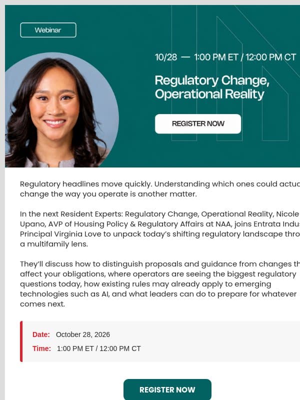 New webinar: Which regulatory changes actually matter for multifamily? email from Entrata