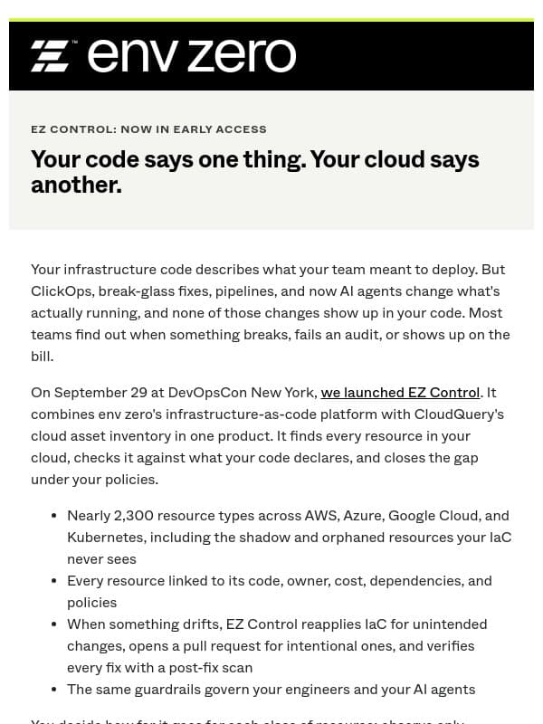 EZ Control is in Early Access email from Env0