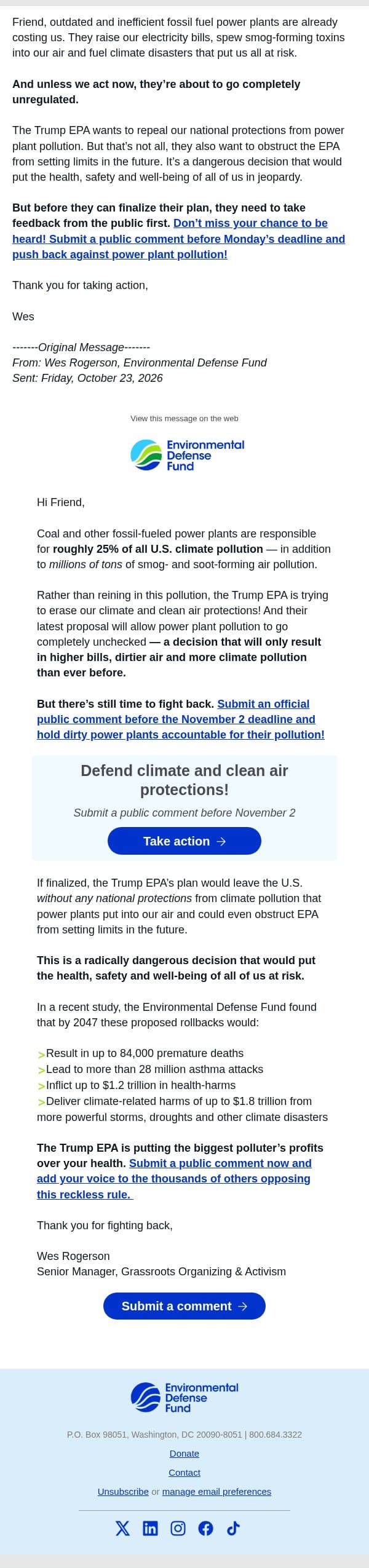 Closing Soon: Tell EPA to keep power plant pollution in check! email from Environmental Defense Fund screenshot