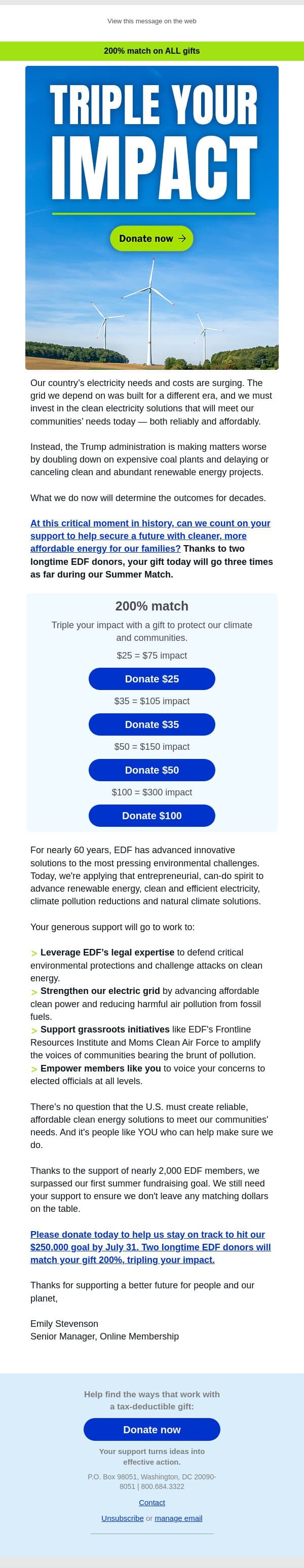 Triple your impact for clean electricity email from Environmental Defense Fund screenshot