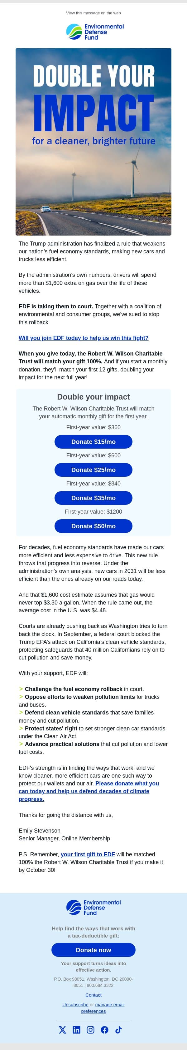 This U-turn will cost you $1,600 email from Environmental Defense Fund screenshot