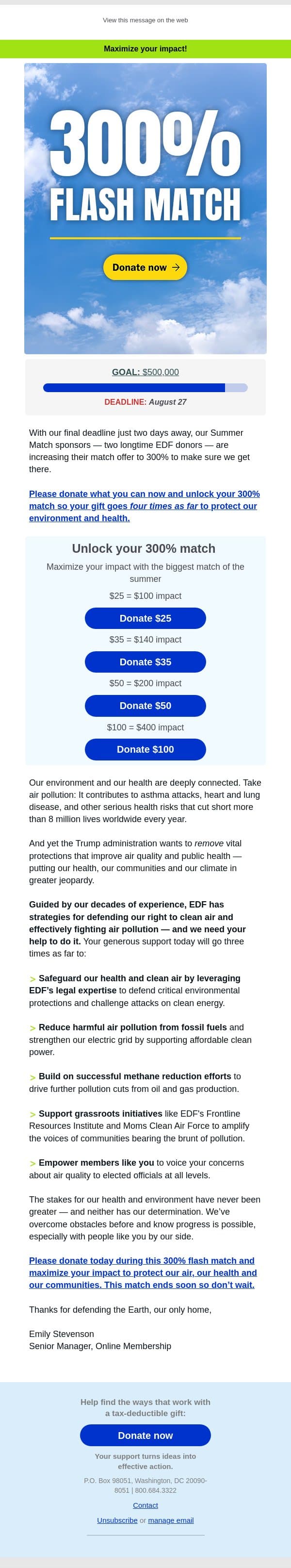 300% flash match starts now email from Environmental Defense Fund screenshot