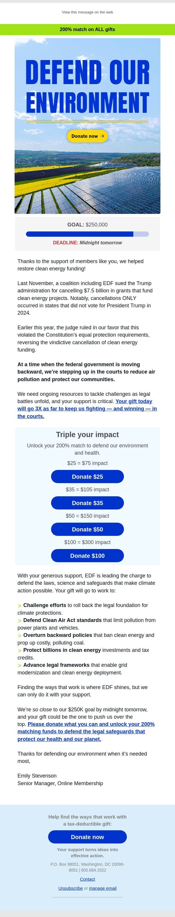 Defend our environment with 3X impact email from Environmental Defense Fund screenshot
