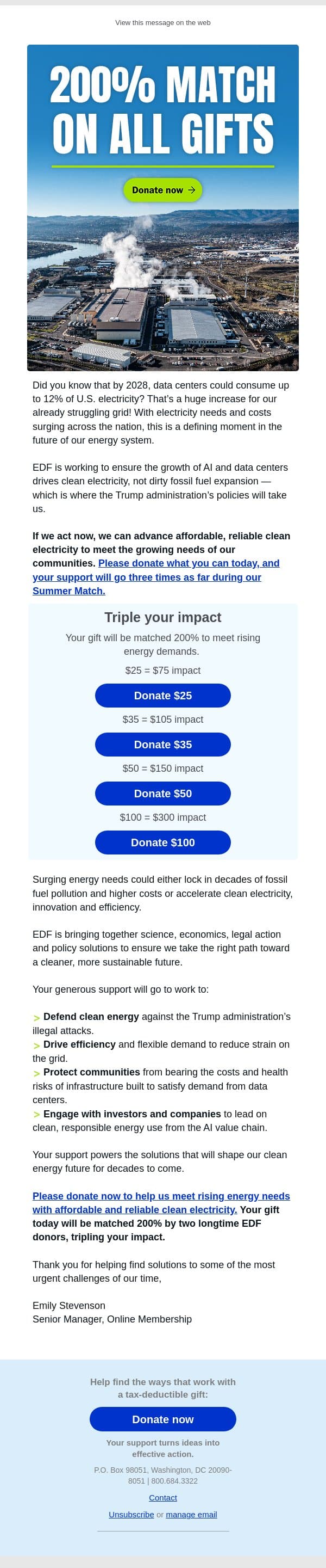 Claim your 200% match to power our clean energy future email from Environmental Defense Fund screenshot
