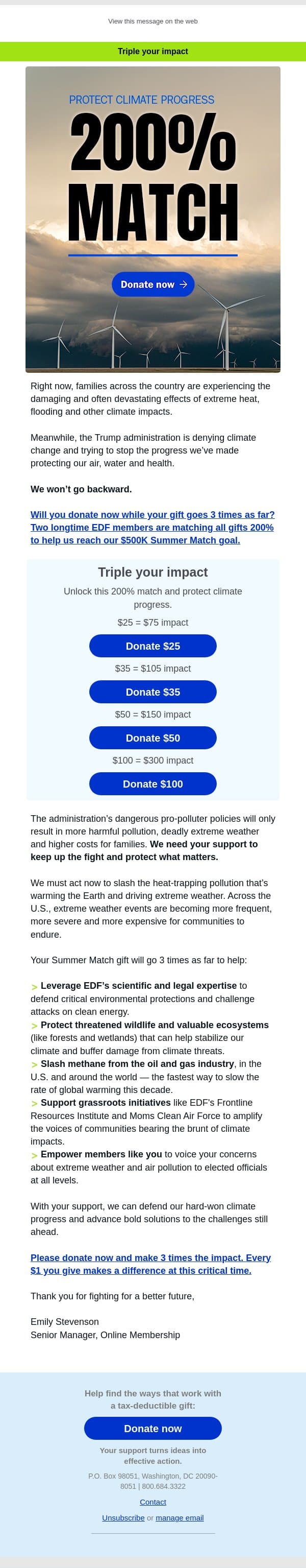 You can make 3X the difference today email from Environmental Defense Fund screenshot