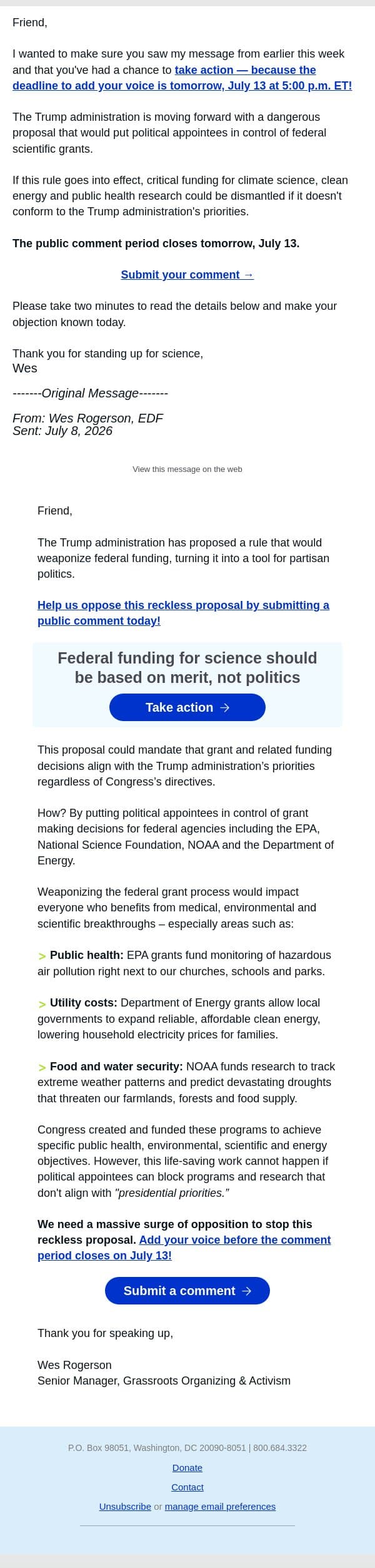Deadline tomorrow: Don’t let the Trump admin. weaponize federal funding email from Environmental Defense Fund screenshot
