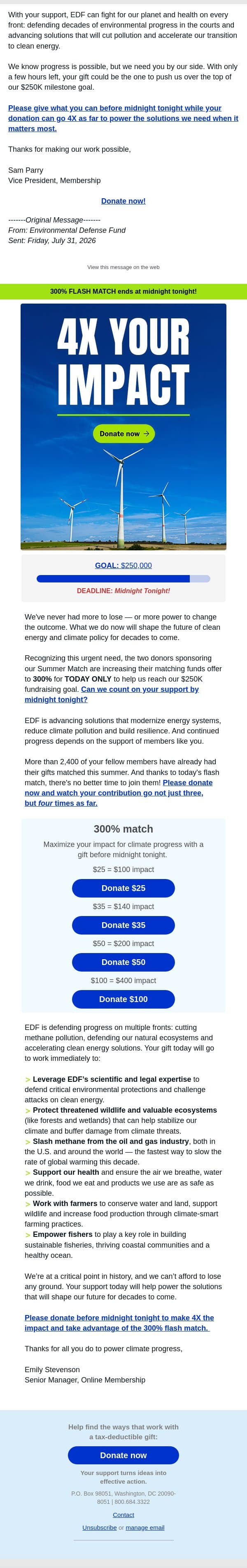 FWD: Don't miss this 300% flash match! email from Environmental Defense Fund screenshot