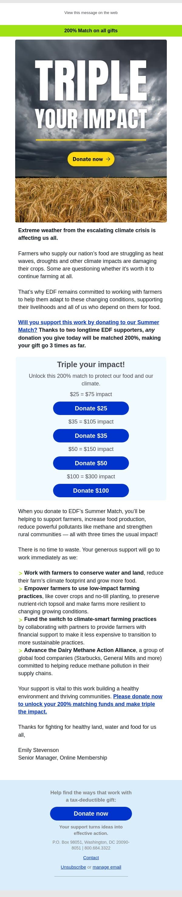 200% match to support healthy lands and food email from Environmental Defense Fund screenshot