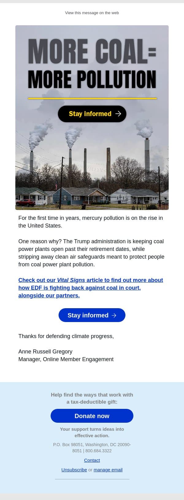More coal, more pollution email from Environmental Defense Fund screenshot