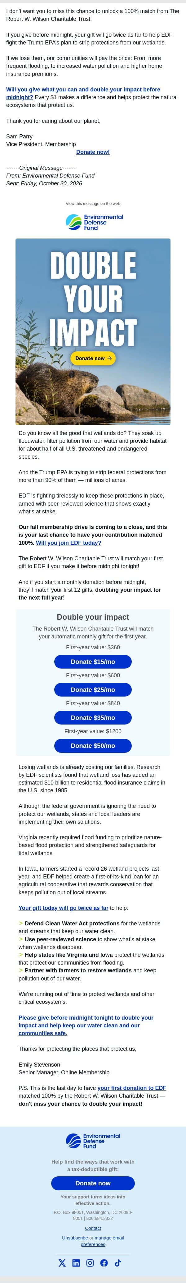 FWD: Double your impact to protect nature’s best defense against flooding email from Environmental Defense Fund screenshot