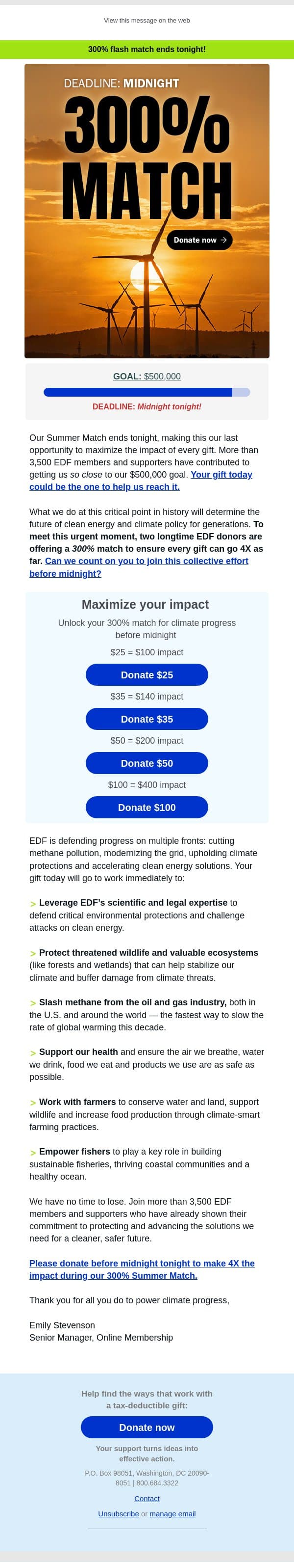 Your 300% match ends tonight, don’t miss your chance! email from Environmental Defense Fund screenshot