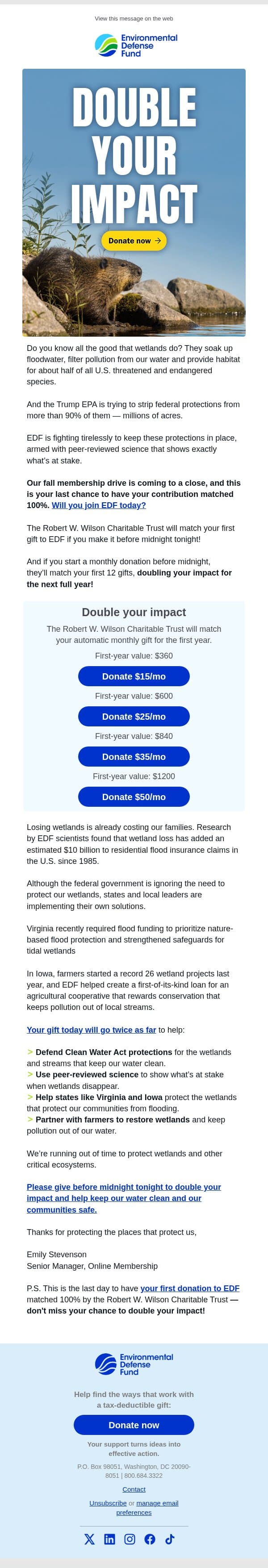 Double your impact to protect nature’s best defense against flooding email from Environmental Defense Fund screenshot