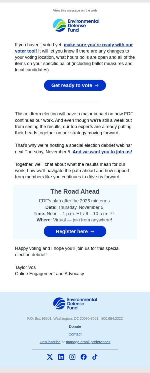 Preparing for the midterms and what follows email from Environmental Defense Fund screenshot