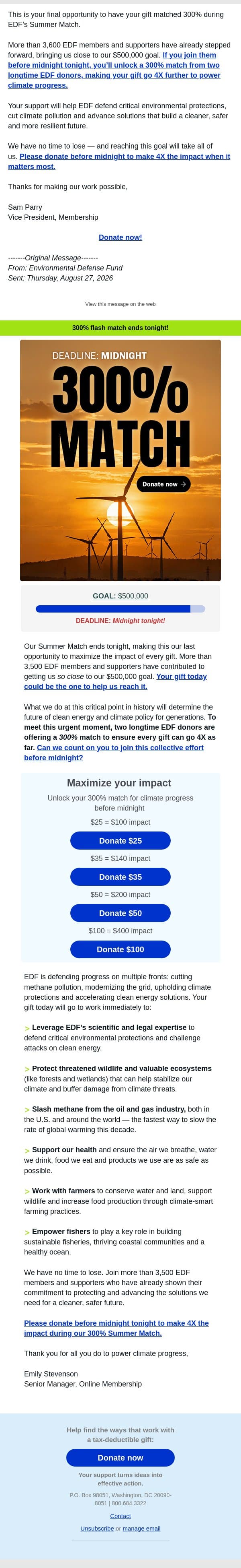 FWD: Your 300% match ends tonight, don’t miss your chance! email from Environmental Defense Fund screenshot