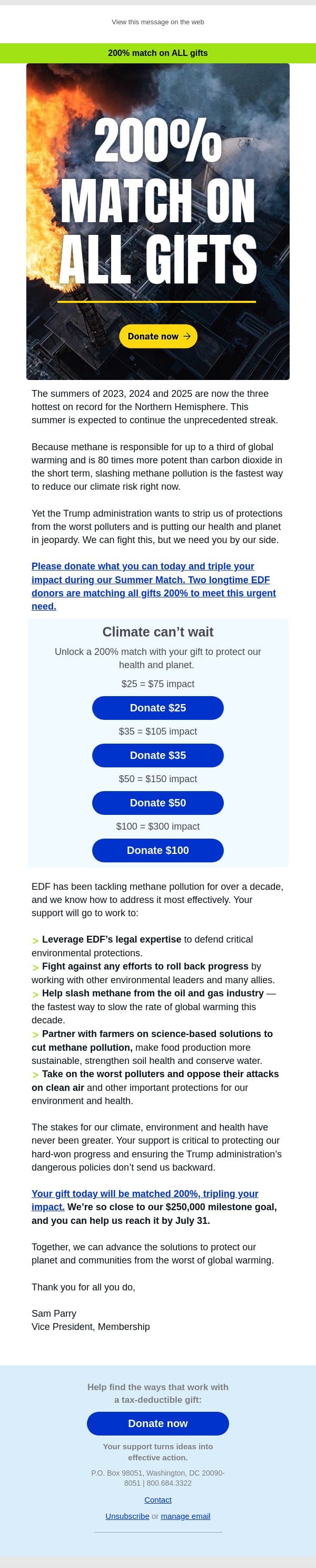 You can triple your impact for our climate today email from Environmental Defense Fund screenshot