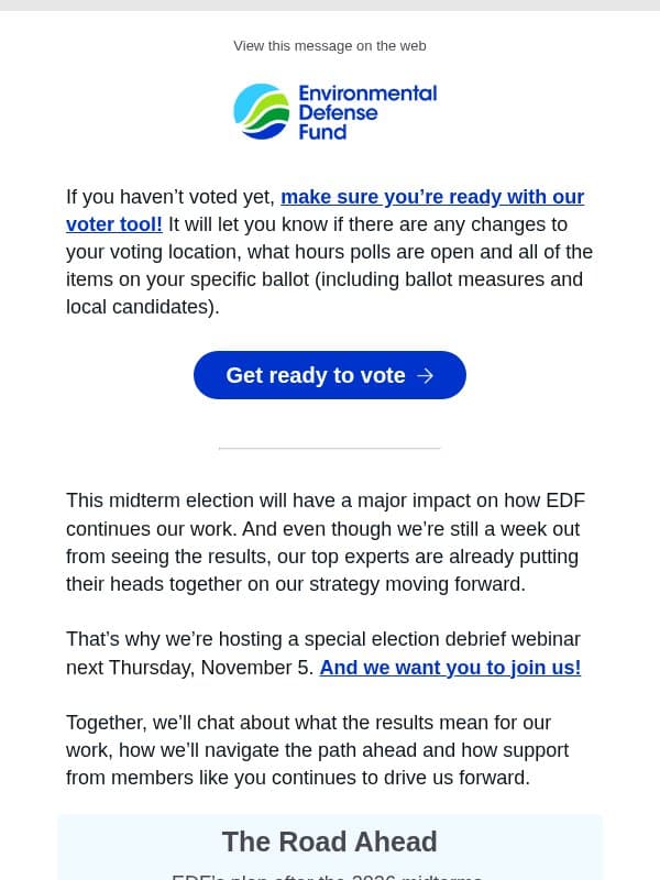 Preparing for the midterms and what follows email from Environmental Defense Fund