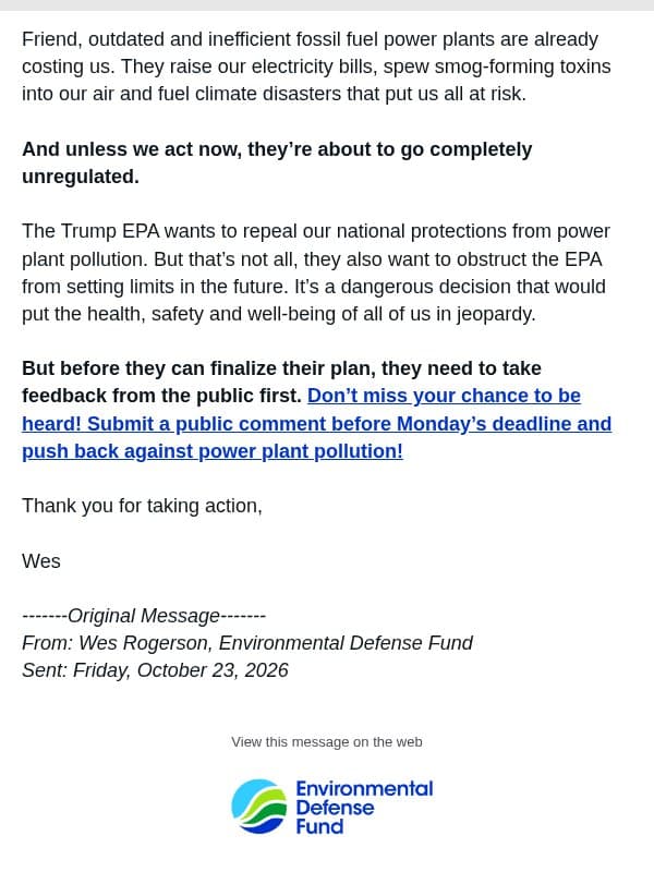 Closing Soon: Tell EPA to keep power plant pollution in check! email from Environmental Defense Fund
