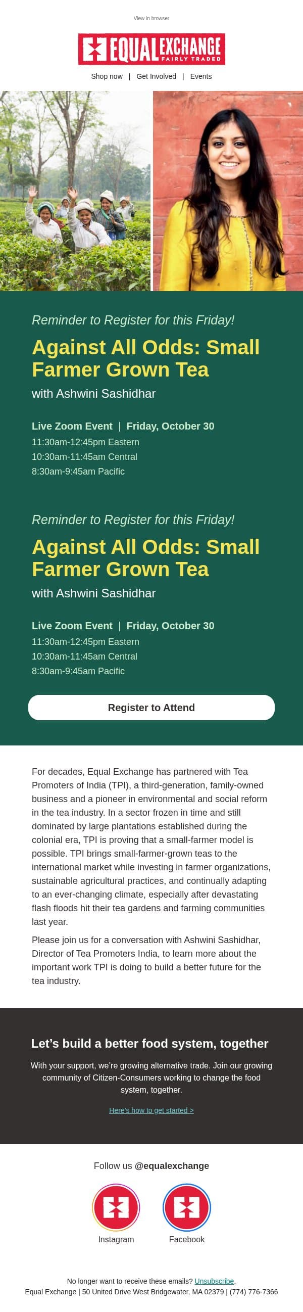 Last Call to Register: Tea Webinar this Friday email from Equal Exchange screenshot