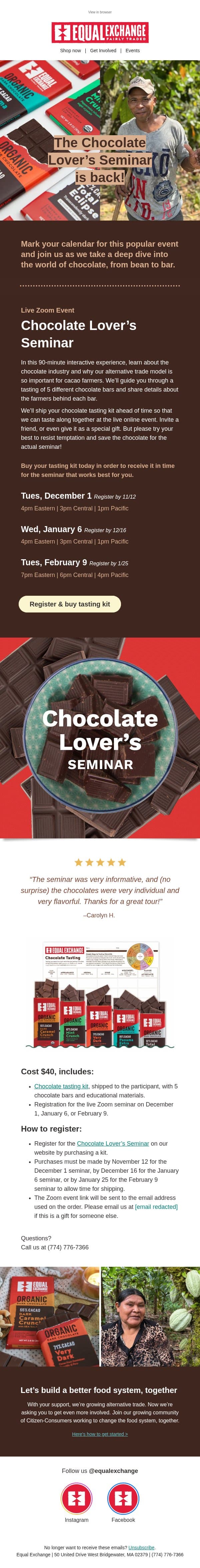 Join us for a Chocolate Tasting Experience! 🍫 email from Equal Exchange screenshot