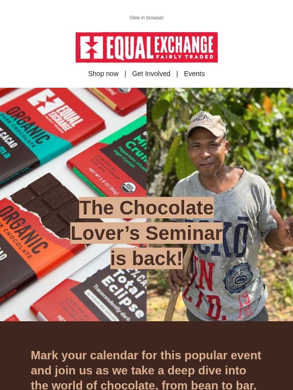 Join us for a Chocolate Tasting Experience! 🍫 email from Equal Exchange