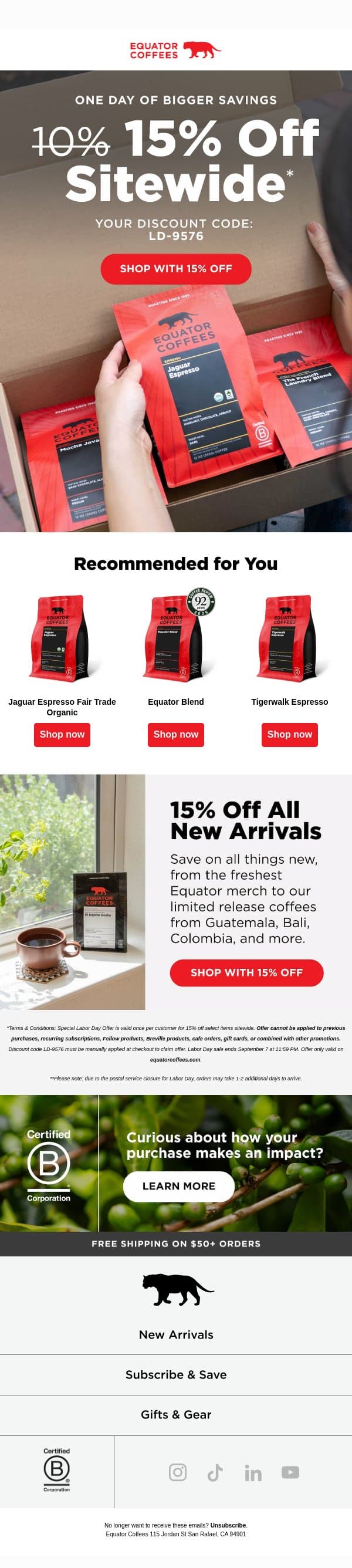 One More Day with 15% OFF sitewide! πβ email from Equator Coffees screenshot