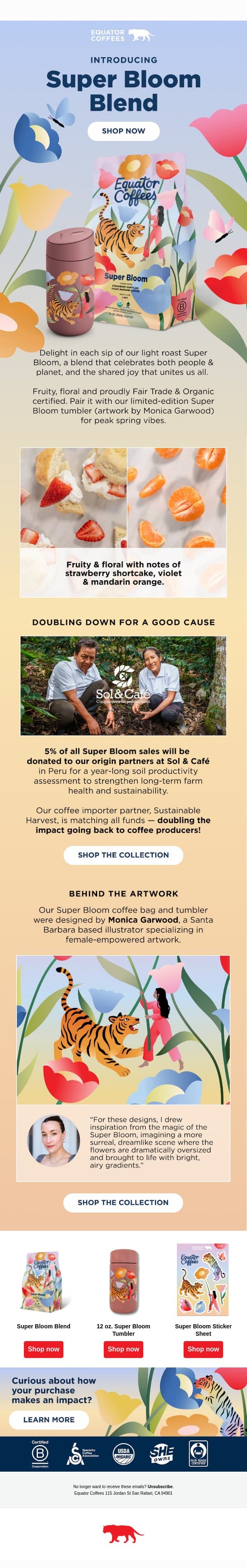 Super Bloom Blend is finally here! 🪷💐🌸 email from Equator Coffees screenshot
