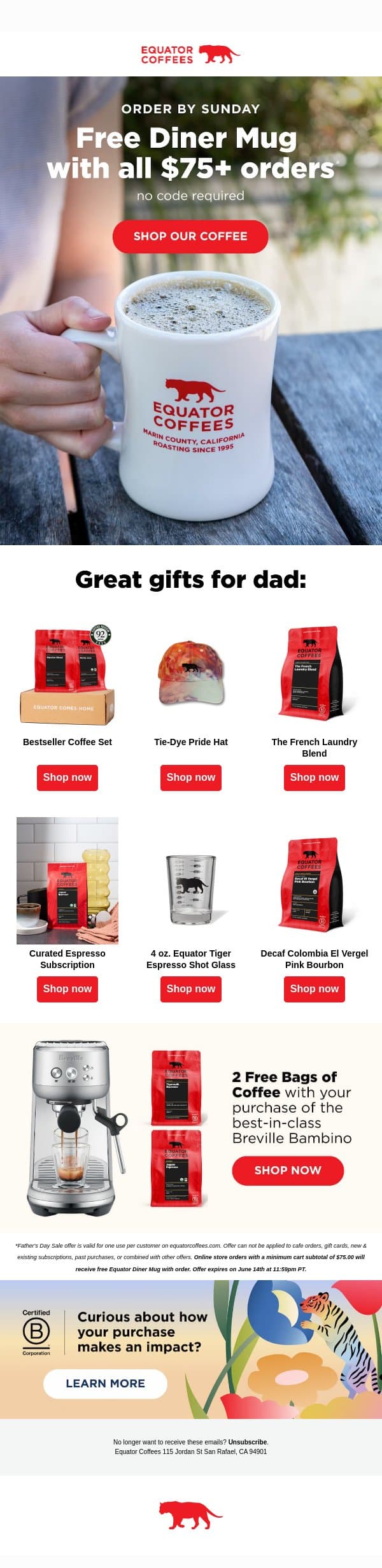 Right Now: Free Diner Mug with $75+ Orders! 🌟 email from Equator Coffees screenshot