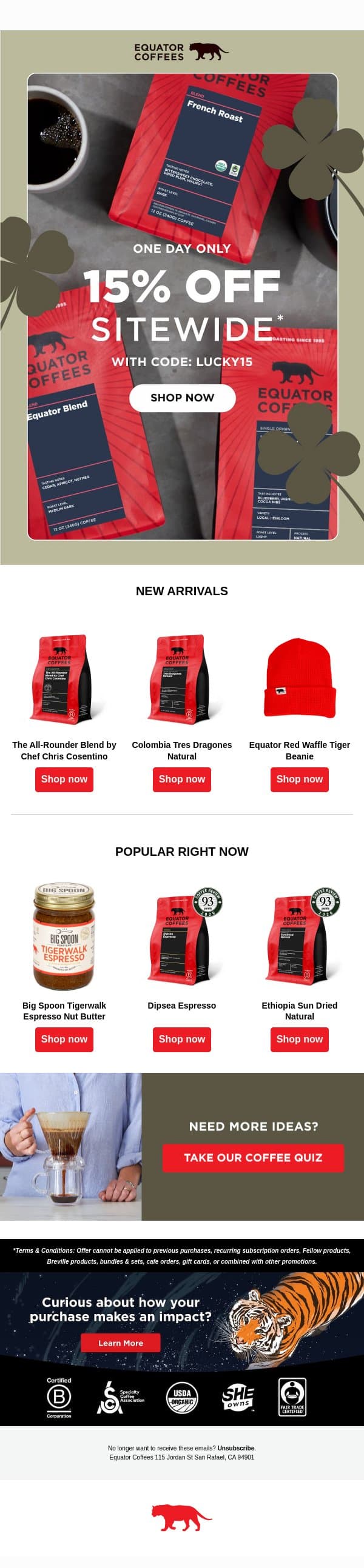Today Only: Coffee Flash Deals! 🍀 email from Equator Coffees screenshot