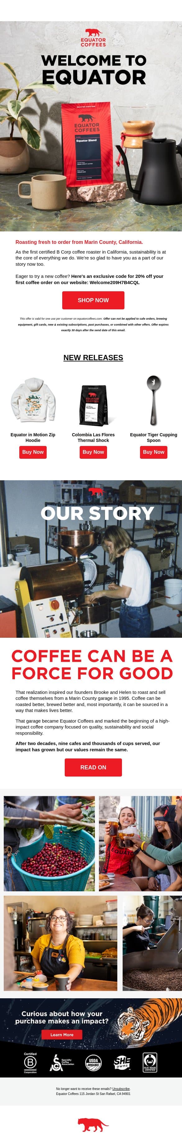 Here's your exclusive discount code 🔑 email from Equator Coffees screenshot