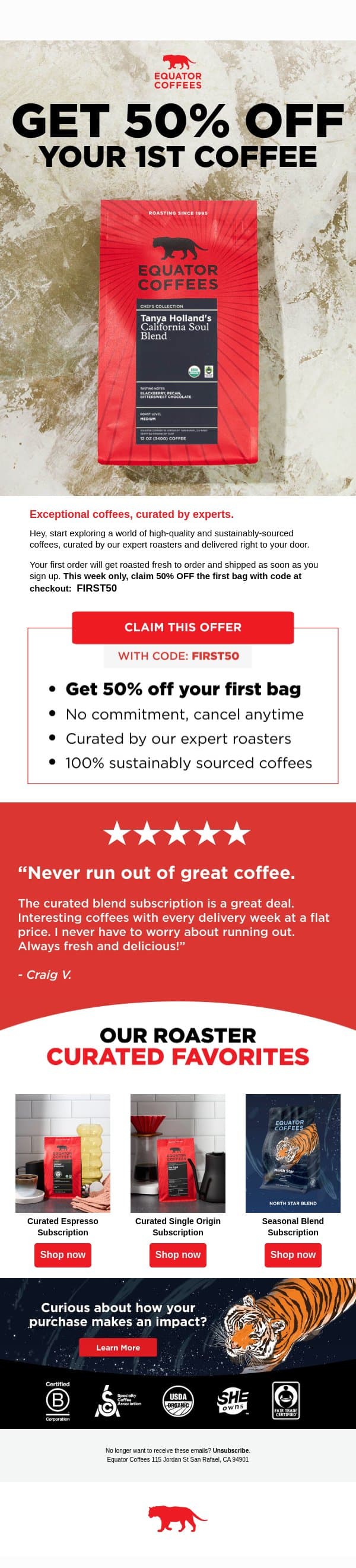 Claim 50% OFF your first curated coffee 😌 email from Equator Coffees screenshot