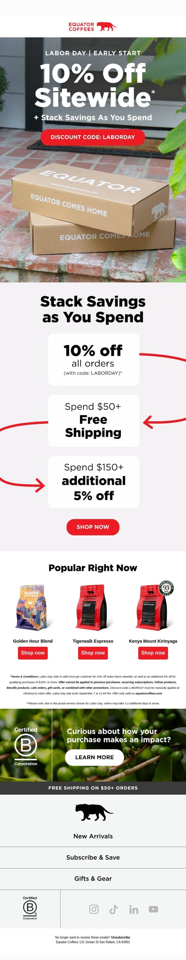 Get ready: here's your Labor Day discount code ☑️ email from Equator Coffees screenshot