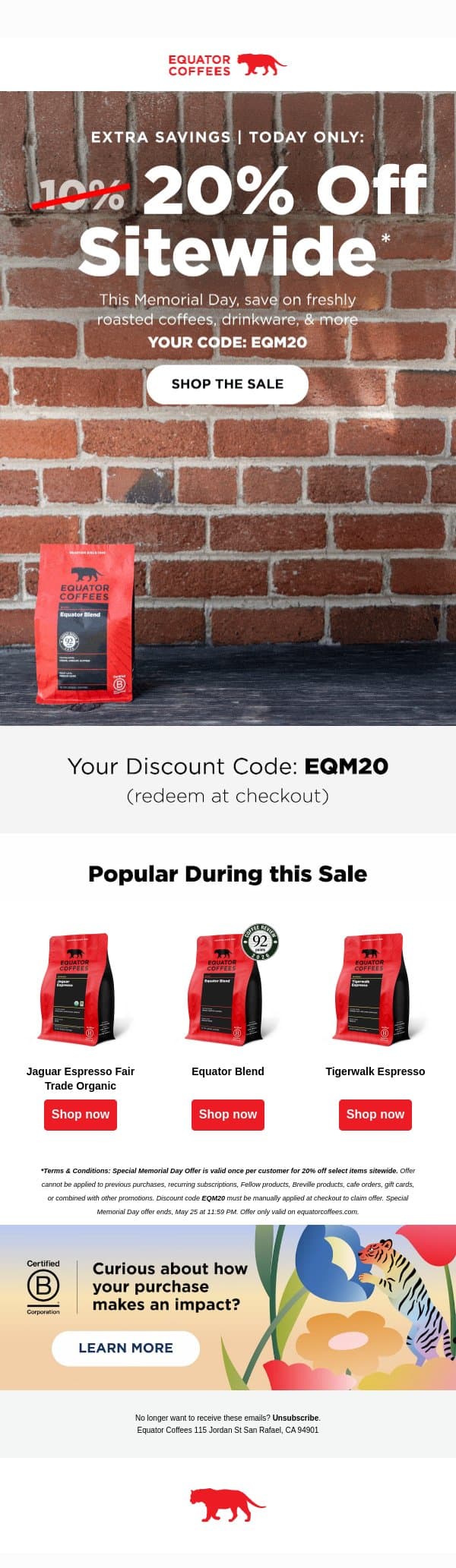 One More Day with 20% OFF sitewide! ☕️⏳ email from Equator Coffees screenshot