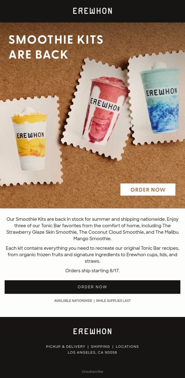 Smoothie Kits Are Back for Summer email from Erewhon Market screenshot