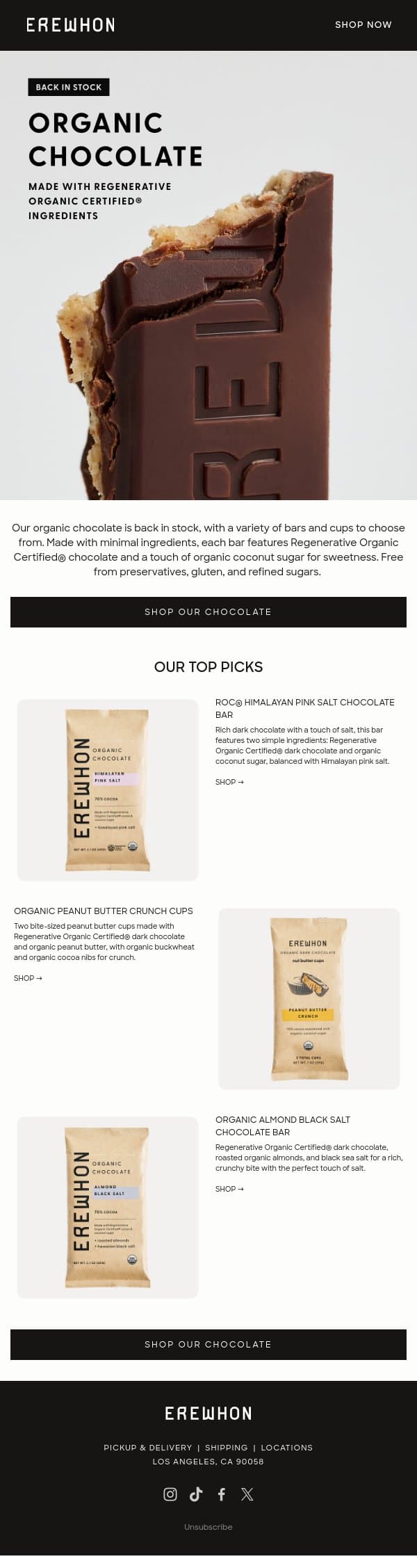 Organic Chocolate Back in Stock email from Erewhon Market screenshot