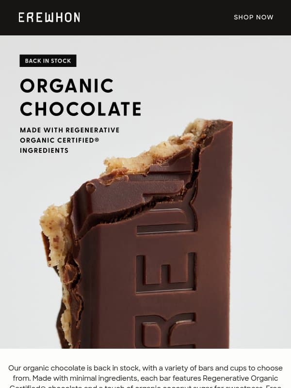 Organic Chocolate Back in Stock email from Erewhon