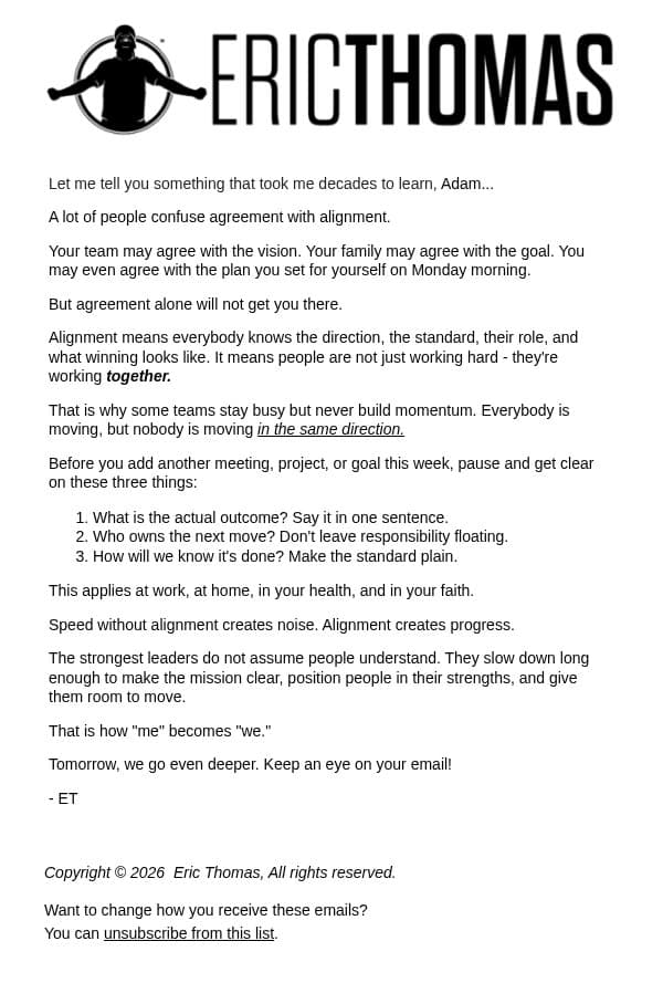 Agreement is NOT Alignment email from Eric Thomas screenshot