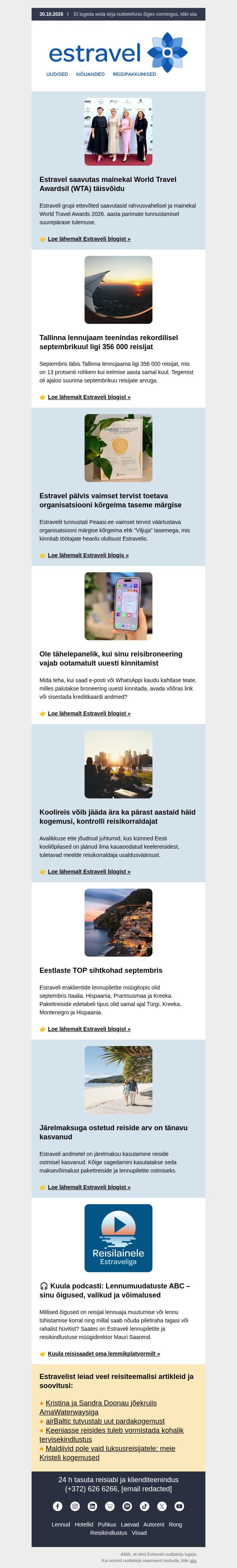 Olulisemad reisiuudised Estravelist ja maailmast (oktoober 2026) email from Estravel screenshot
