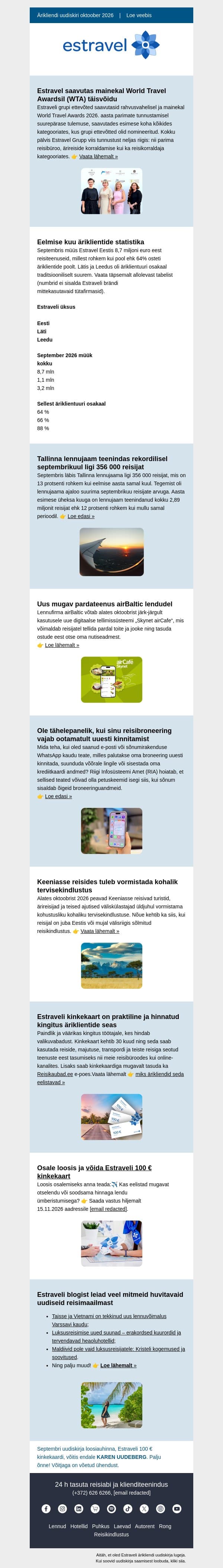 Oktoobri uudised Estraveli ärikliendile | Osale loosis ja võida Estraveli 100 € kinkekaart email from Estravel screenshot