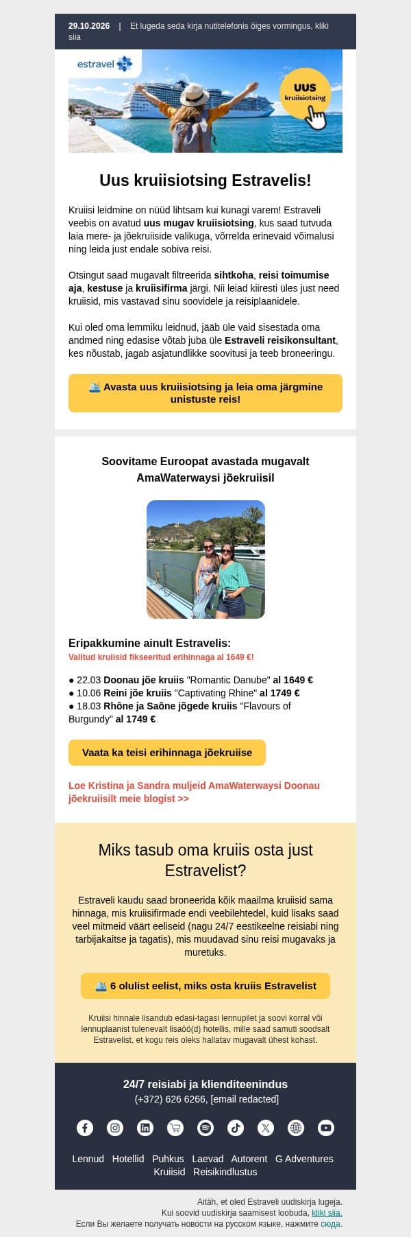 Sinu järgmine kruiisiseiklus algab siit 👉 avasta uus kruiisiotsing email from Estravel screenshot