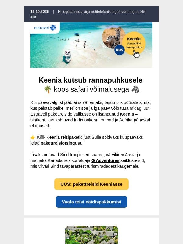 🌴 5 eksootilist rannapuhkust ja 8 seiklusreisi: Keenia, Sansibar, Tai, Bali jt 🌍 email from Estravel