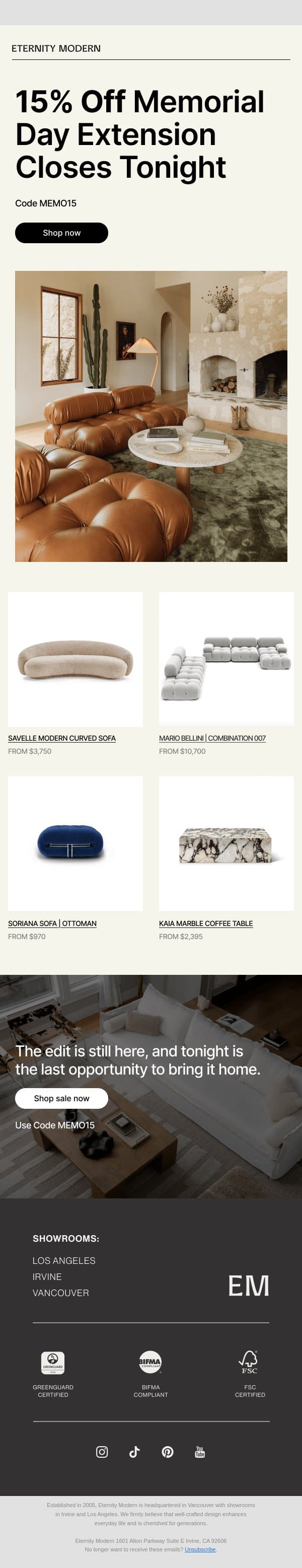 15% Off Sitewide Ends Tonight email from Eternity Modern screenshot