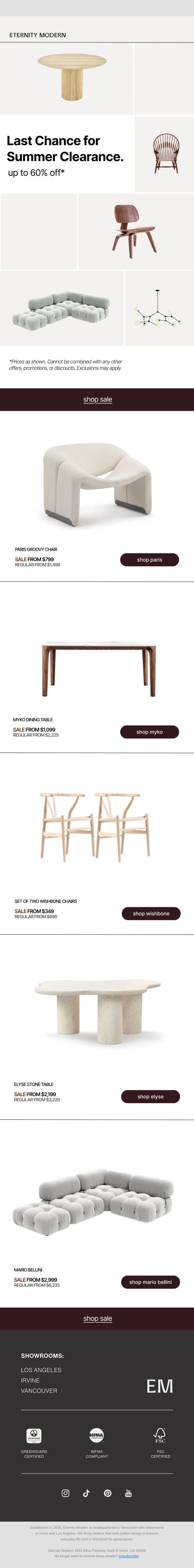 Before Summer Clearance ends email from Eternity Modern screenshot