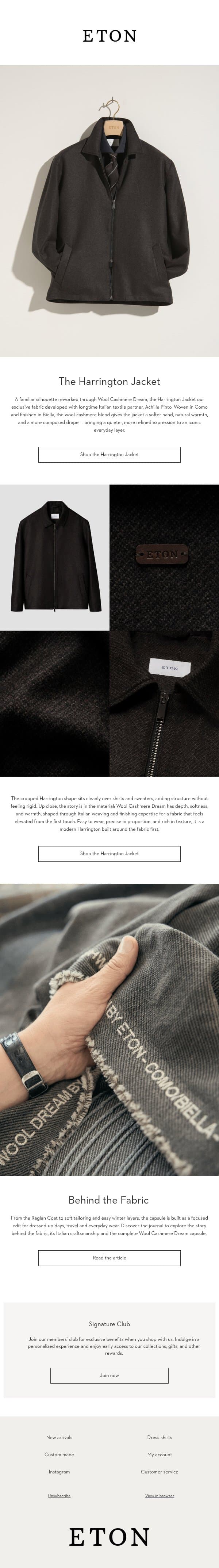 An Elevated Layer in Wool Cashmere Dream email from Eton Bespoke (Eton Shirts - made-to-measure service) screenshot
