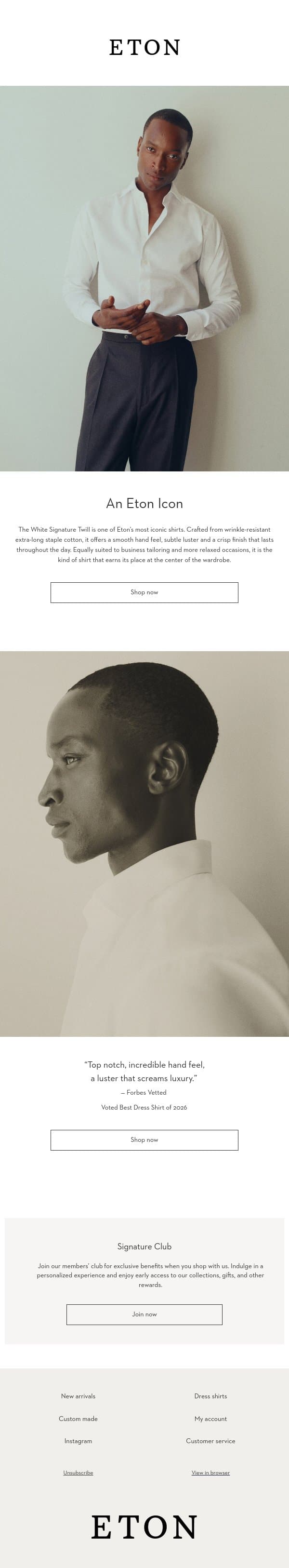 The White Signature Twill Shirt email from Eton Bespoke (Eton Shirts - made-to-measure service) screenshot