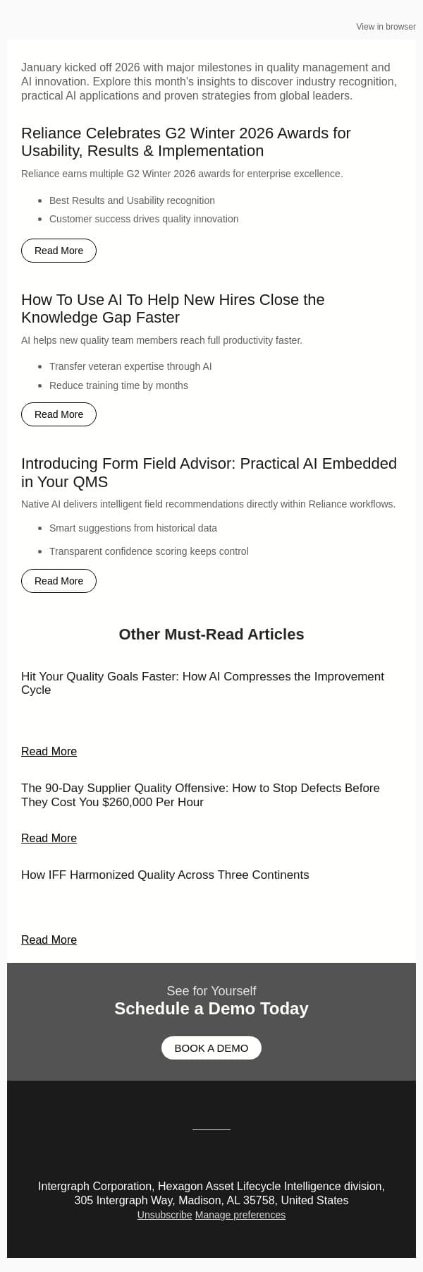 January Roundup: Recognition, AI Innovation and Quality Strategy email from ETQ Reliance screenshot