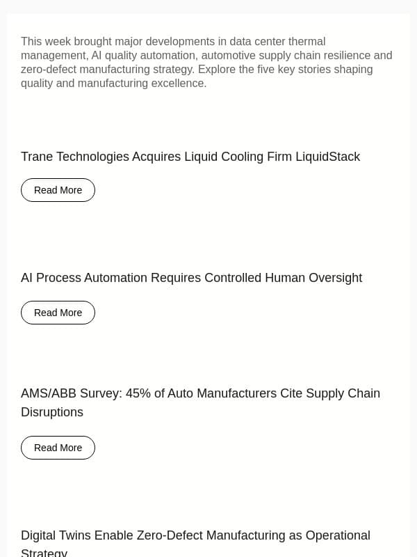 Trane acquisition, automotive supply chain and AI manufacturing email from ETQ Reliance